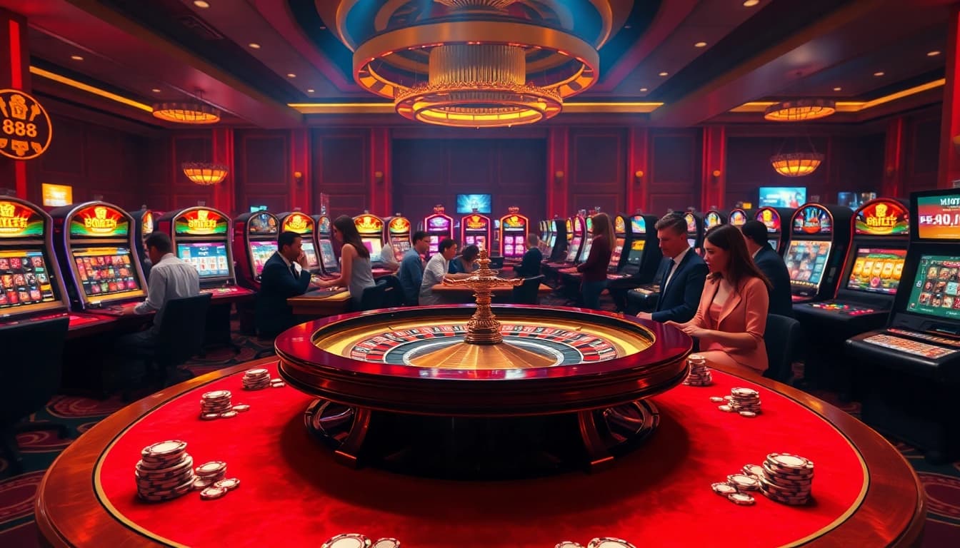 Exciting casino scene at https://lucky88.cn.com/ showcasing roulette, poker chips, and vibrant slot machines.