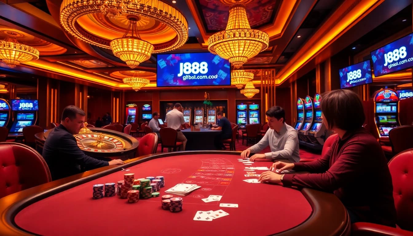 Experience the thrill of j88.com with vibrant poker chips and players at a luxurious casino table.