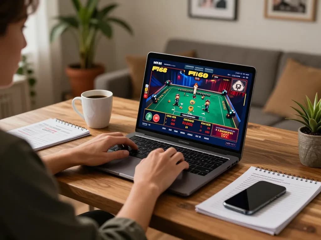 Engaged player betting on F168 using laptop, showcasing strategic online gambling setup.