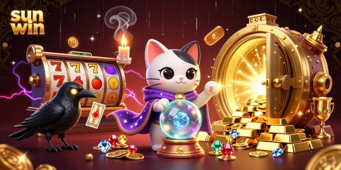 Engage with sun win's vibrant casino scene featuring a mystical cat and a tarot raven amidst energetic slot game elements.