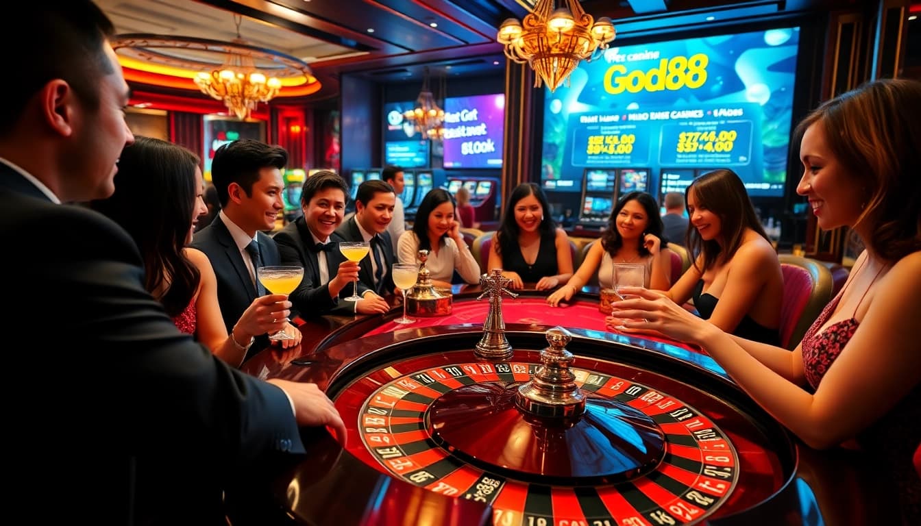 Players enjoying a thrilling roulette game at a luxurious good88 casino.