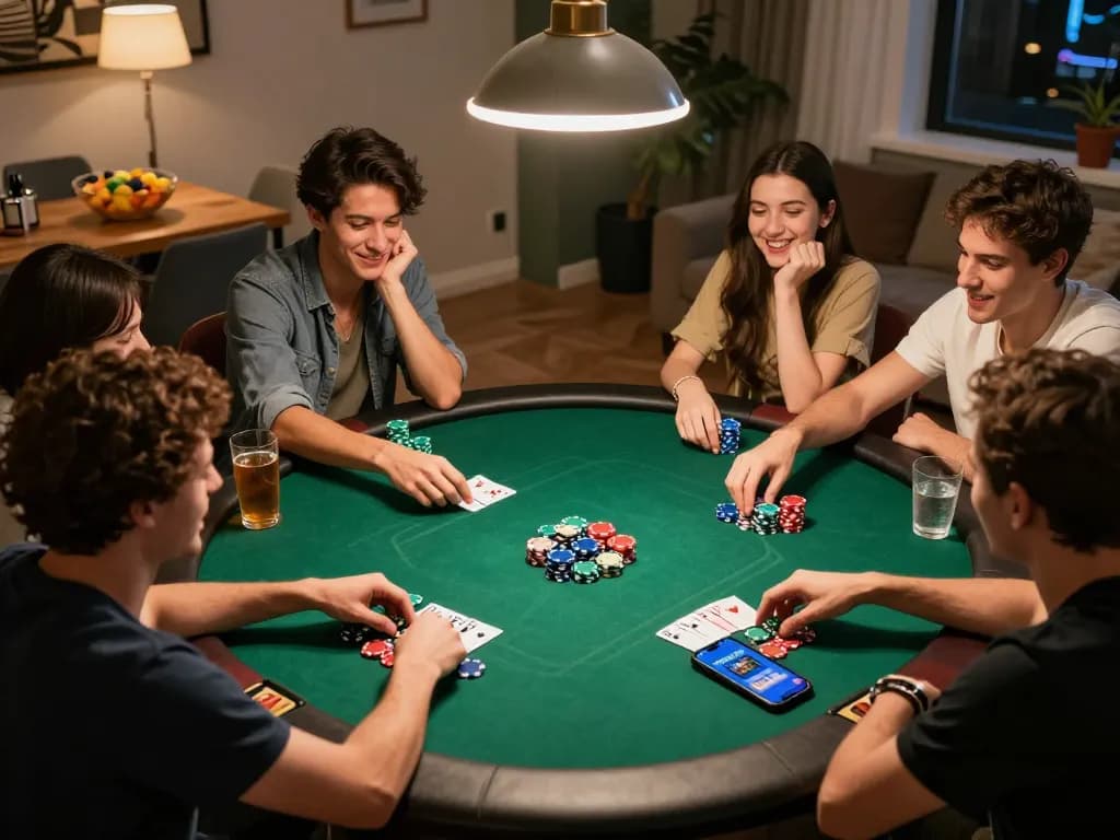 Players having fun in a home poker night showcasing the 88CLUB gaming app on their smartphone