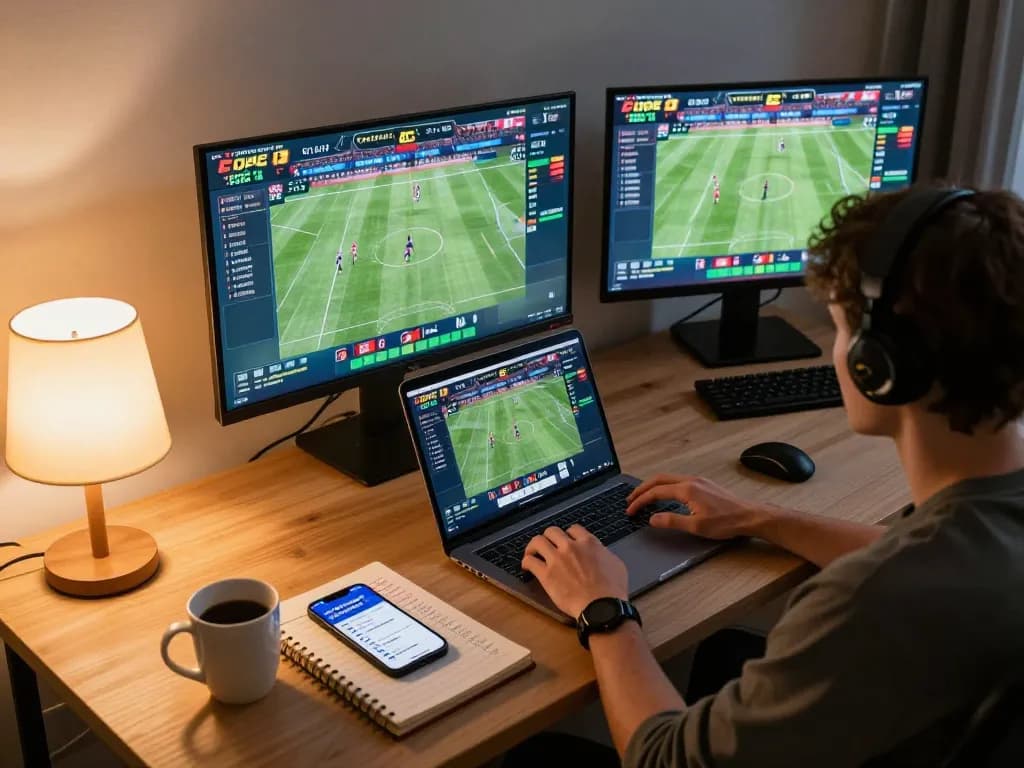 TIP88 sports betting scene with player actively engaging in online gambling at home, laptop and smartphone displaying odds