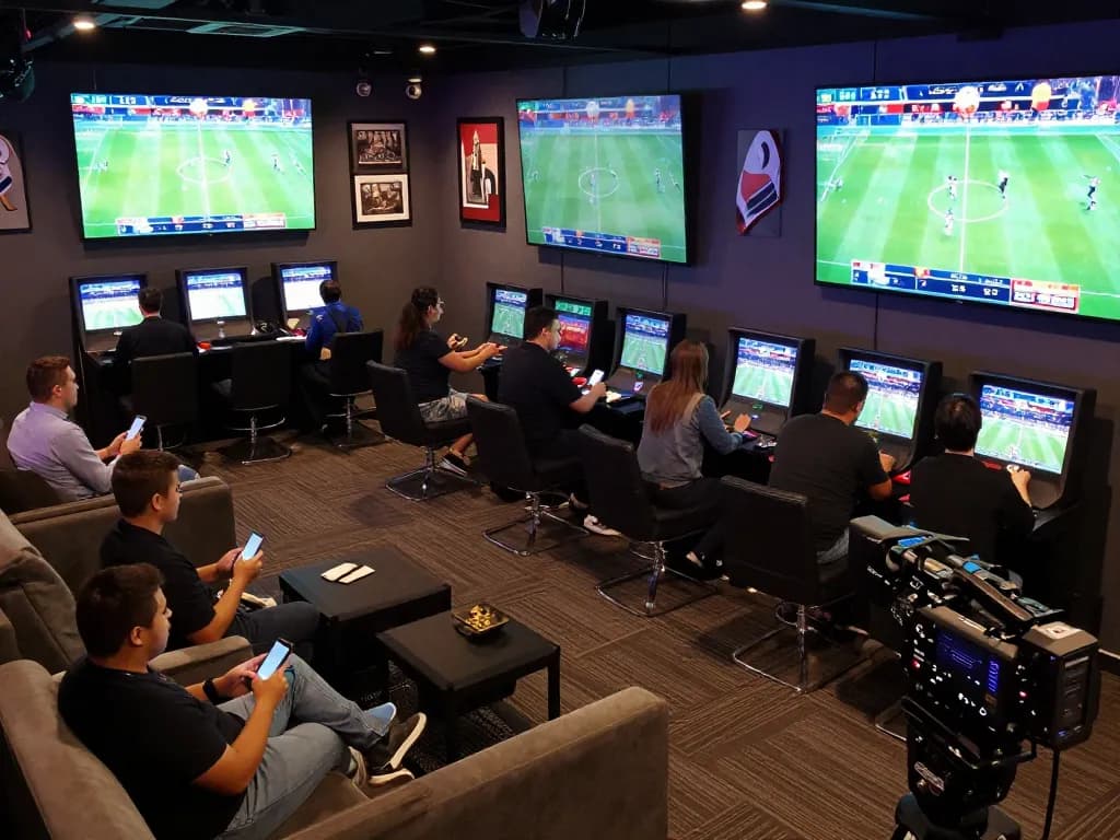 Betting enthusiasts engaging with the 88CLUB sports betting lounge, showcasing live screens and excitement