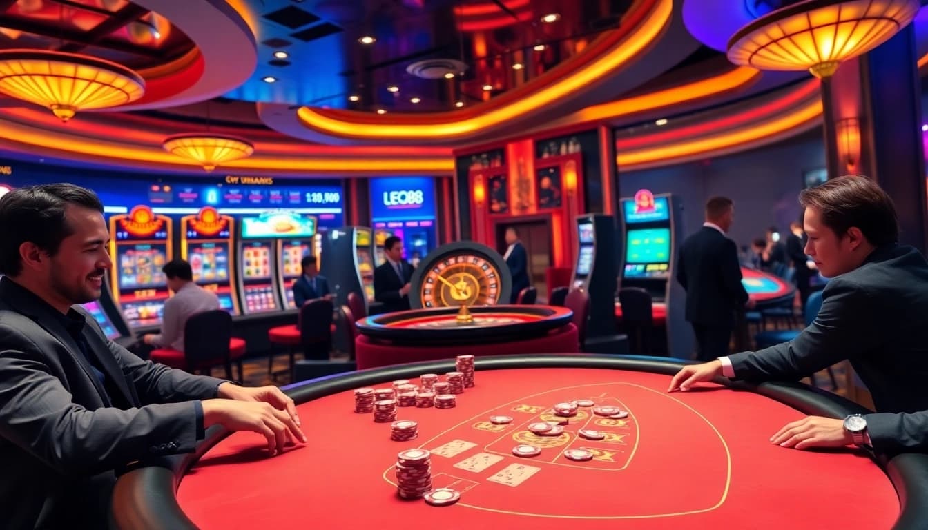 Experience the thrill of LEO88 with vibrant casino games featuring betting tables and bright slot machines.