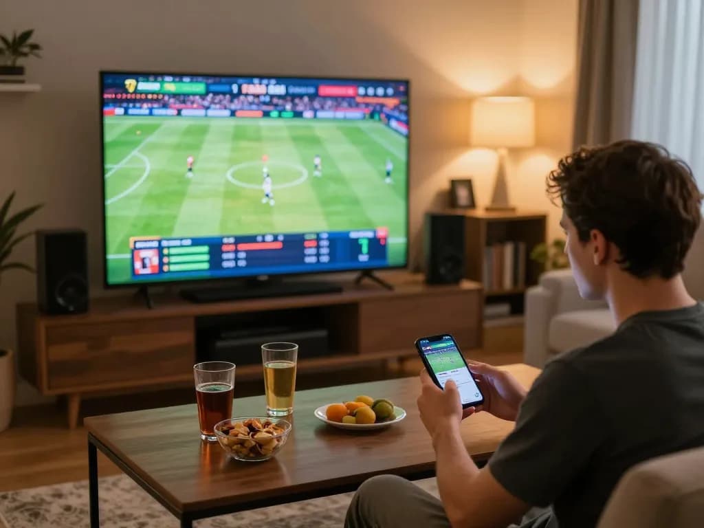 Engaging FABET sports betting setup, person focused on smartphone amidst live sports.