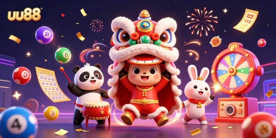 Experience the excitement of uu88 with a vibrant 3D casino scene filled with dynamic lottery elements.