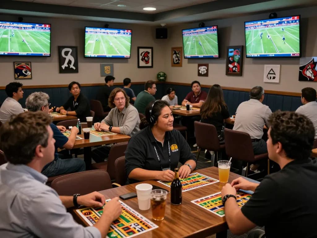 Patrons actively engaging in trang cá cược bóng đá at a lively sports betting lounge, surrounded by screens showing live games.