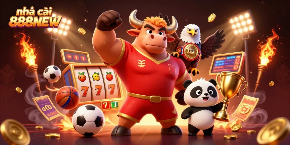 Experience excitement with nhà cái 888NEW as a bull mascot celebrates victory amidst colorful casino elements.