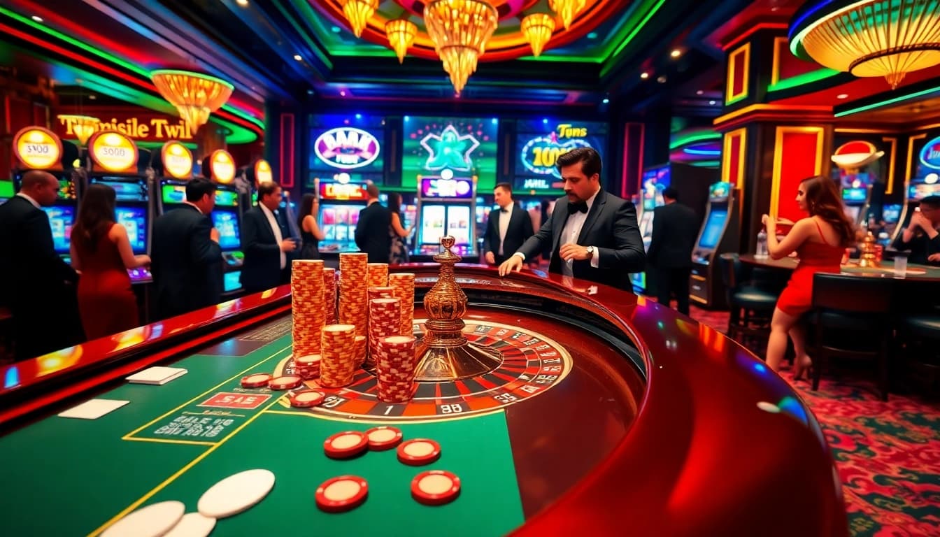 Experience the excitement of fun888 at a vibrant casino with a roulette table and engaging live dealer.