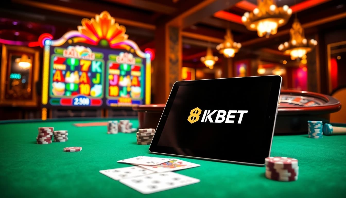 8KBET slot machine and poker scene featuring vibrant graphics and luxury ambiance.