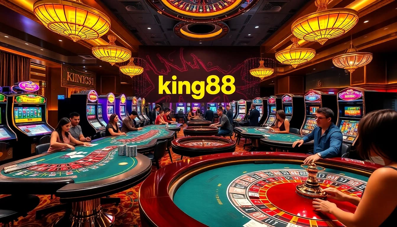 King88 players enjoying a thrilling moment at a lively casino table surrounded by vibrant slot machines.