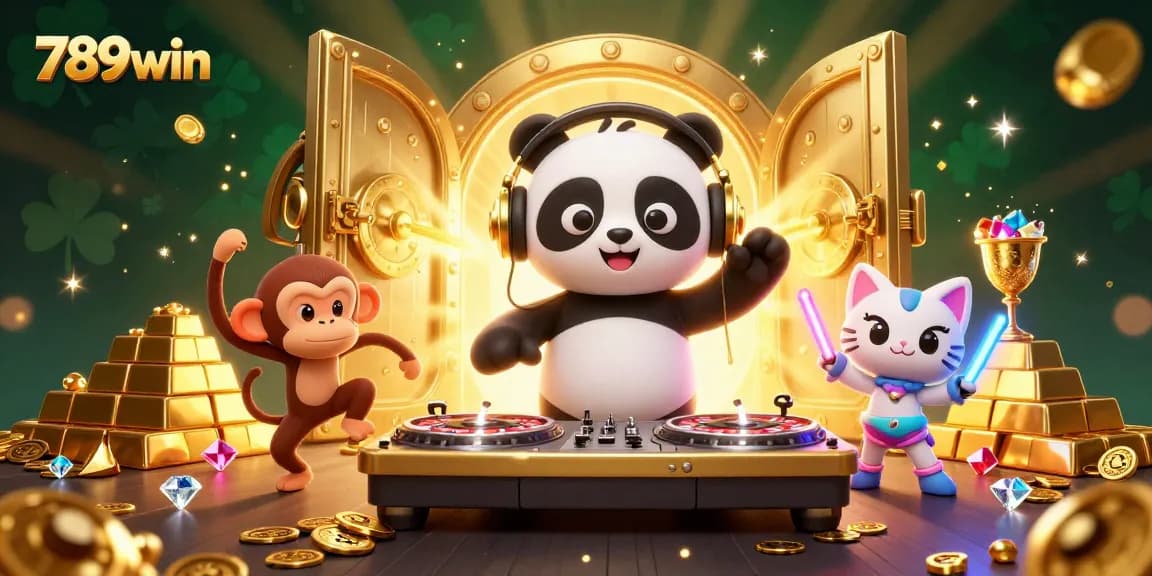 Engage with 789win as a cartoon DJ panda shines in a vibrant casino scene, emphasizing excitement and winnings.