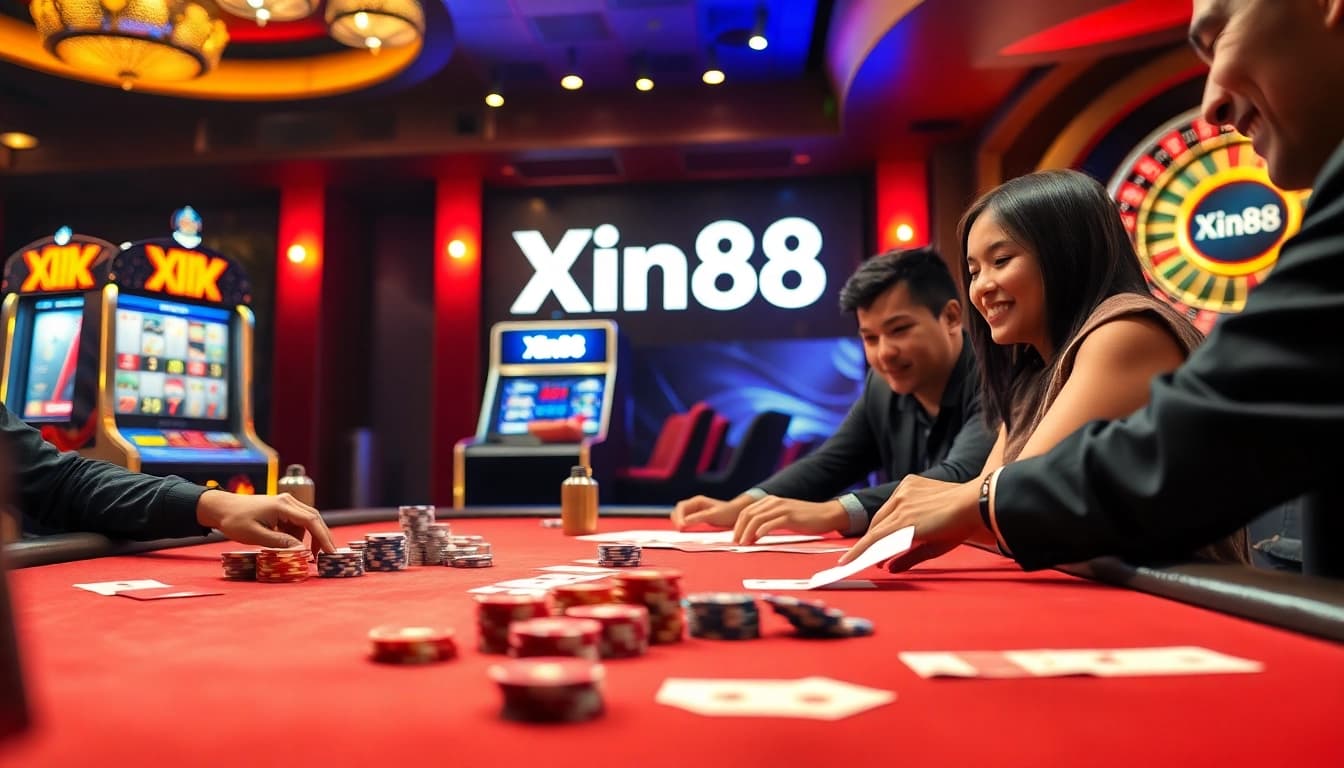 Exciting casino scene with players at a poker table, featuring Xin88 branding for an immersive gambling experience.