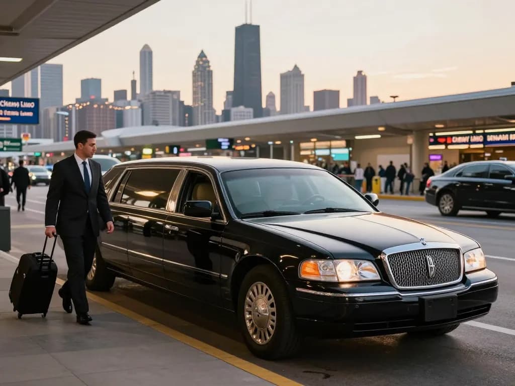 Chicago airport limo service featuring a luxury Lincoln Continental and professional chauffeur at O'Hare.
