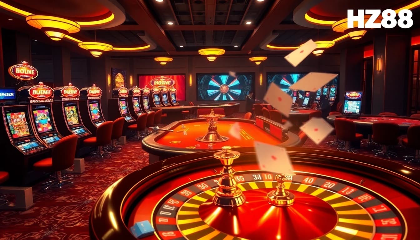Experience the excitement of HZ88 with vibrant slot machines and a luxurious poker table setup.