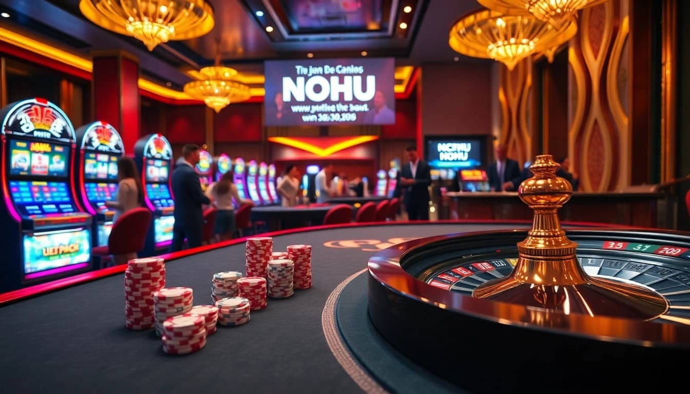 Experience the excitement of NOHU casino gaming with vibrant slot machines and poker chips.