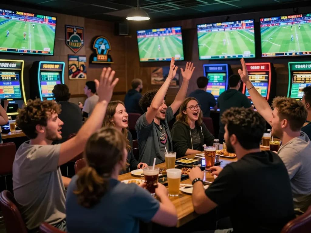 Penggemar SBOBET merayakan kemenangan sambil bersorak di bar taruhan olahraga yang ramai dengan layar menampilkan acara langsung