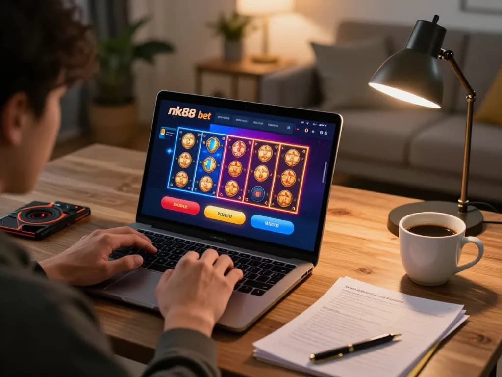 Experience nk88 bet on a vibrant online casino interface in a cozy home setting.