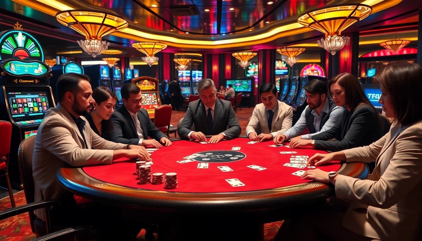 Players enjoying a thrilling poker game at https://fc88e.com/, surrounded by vibrant casino elements and excitement.