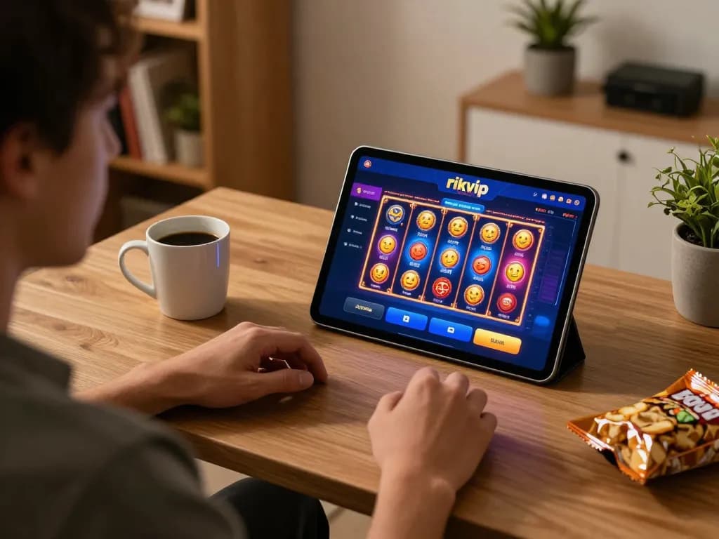 Engaged player using the rikvip app on a tablet, showcasing colorful slot games in a cozy home setup.