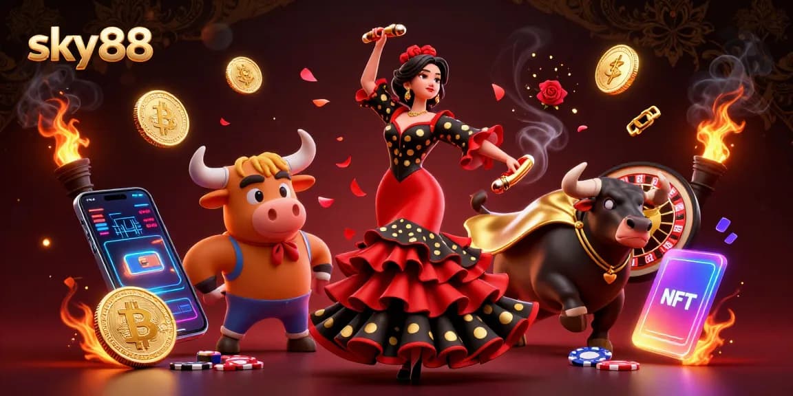 Engage with the vibrant sky88 scene showcasing a flamenco dancer and a golden bull, embracing the thrill of gambling.