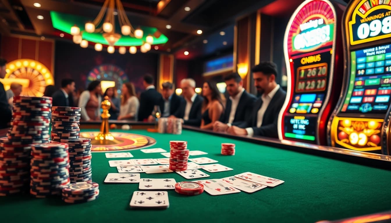 High-stakes poker table at ONE88 casino, showcasing stacked chips and playing cards in an exciting atmosphere.