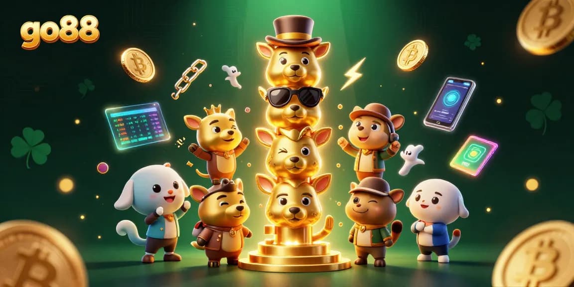 Experience exciting gaming with go88's vibrant totem pole surrounded by dynamic crypto elements and casino themes.