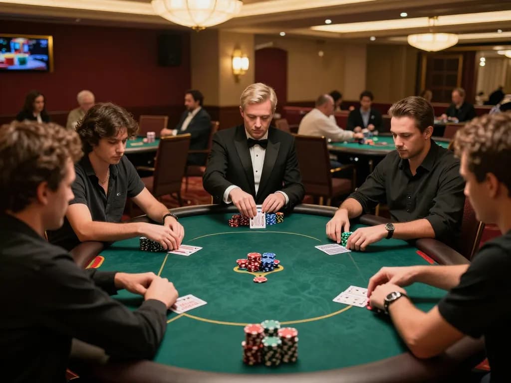 Players strategizing at a high-stakes poker table, showcasing the excitement of xx88 gambling.