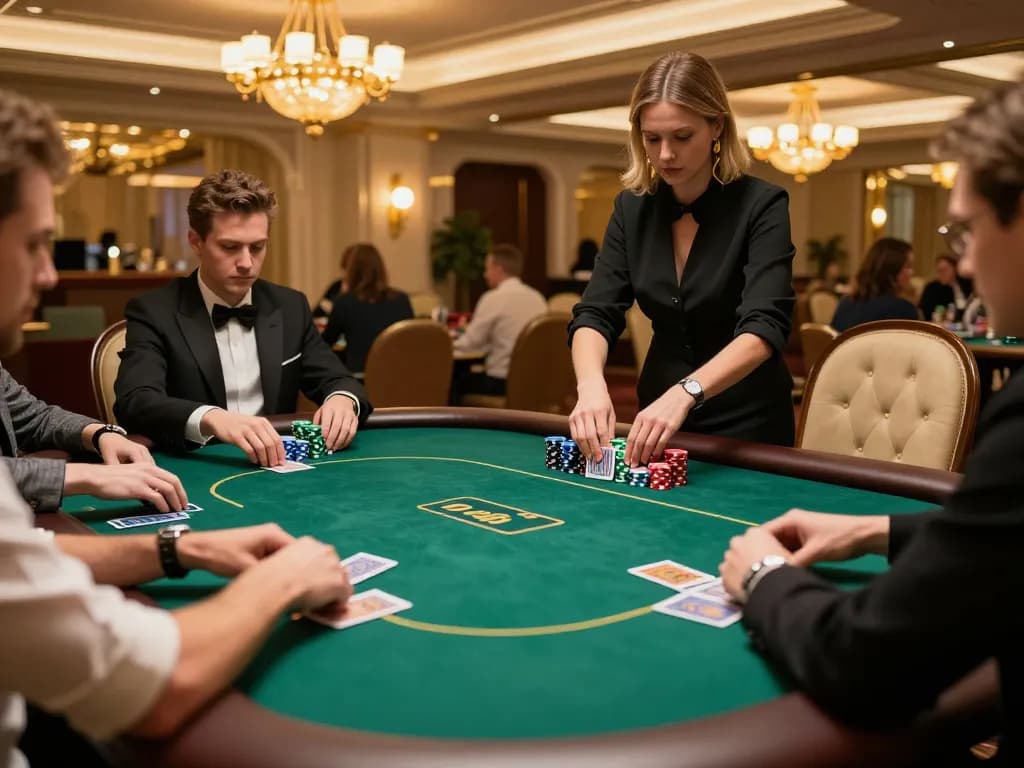 Hitclub9 players engaged in high-stakes poker under ambient golden lighting, showcasing action and luxury.