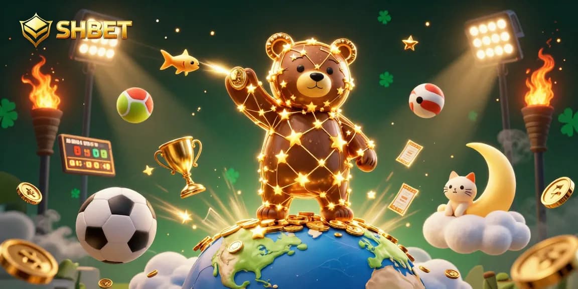Join the excitement of SHBET as the constellation bear scoops coins amidst vibrant sports elements and golden treasures.