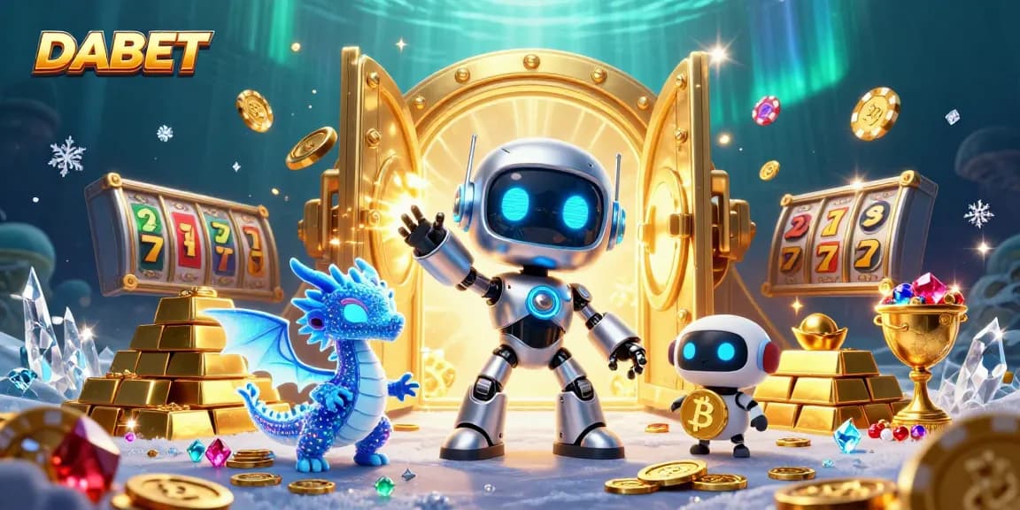 DABET showcases a vibrant 3D casino scene with a robot mascot and holographic dragon amidst slot reels and treasures.