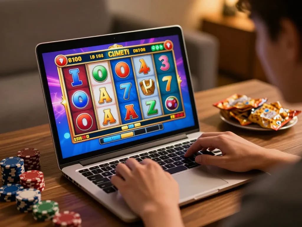 DABET player enjoying a thrilling online slot machine game on laptop