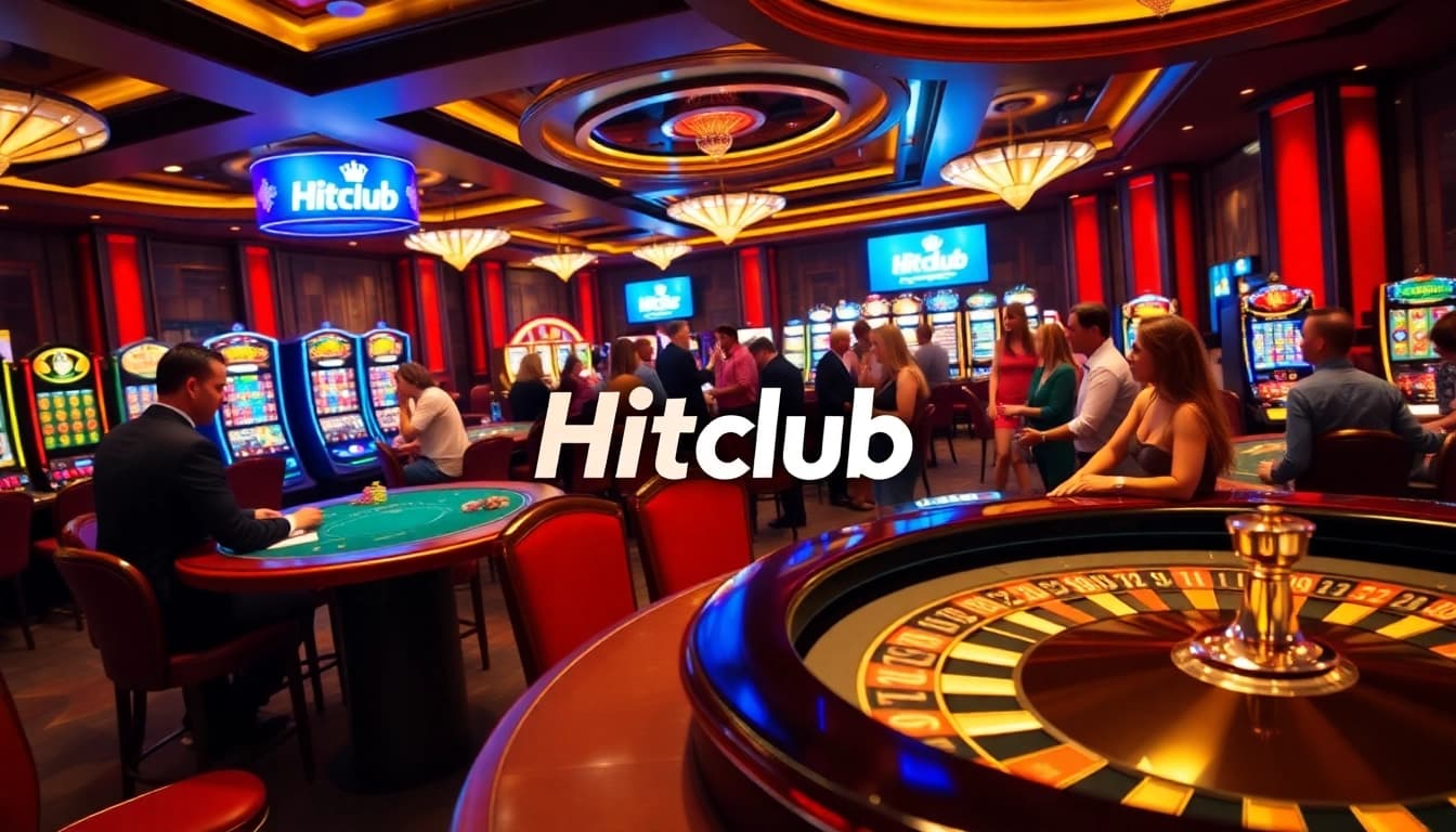 Engaging Hitclub casino scene featuring vibrant tables, cards, and roulette wheel.