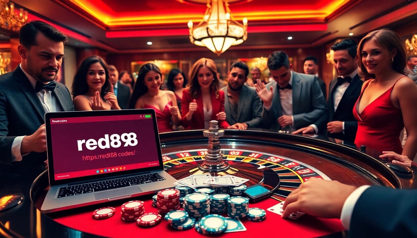 Players enjoying a thrilling game at https://red88.codes/ casino with roulette and poker chips.