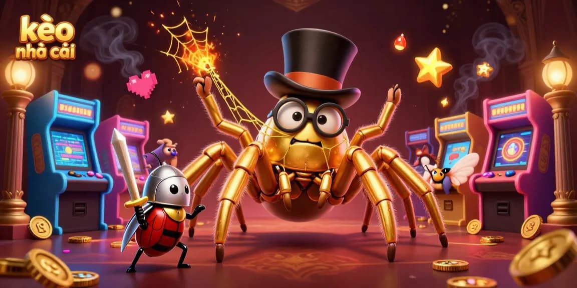 Engage in kèo nhà cái action with golden tarantula and brave beetle knight in a vibrant casino scene.