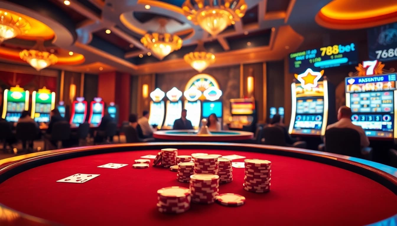 Experience the excitement of betting at 788bet's luxurious casino with poker tables and vibrant slot machines.