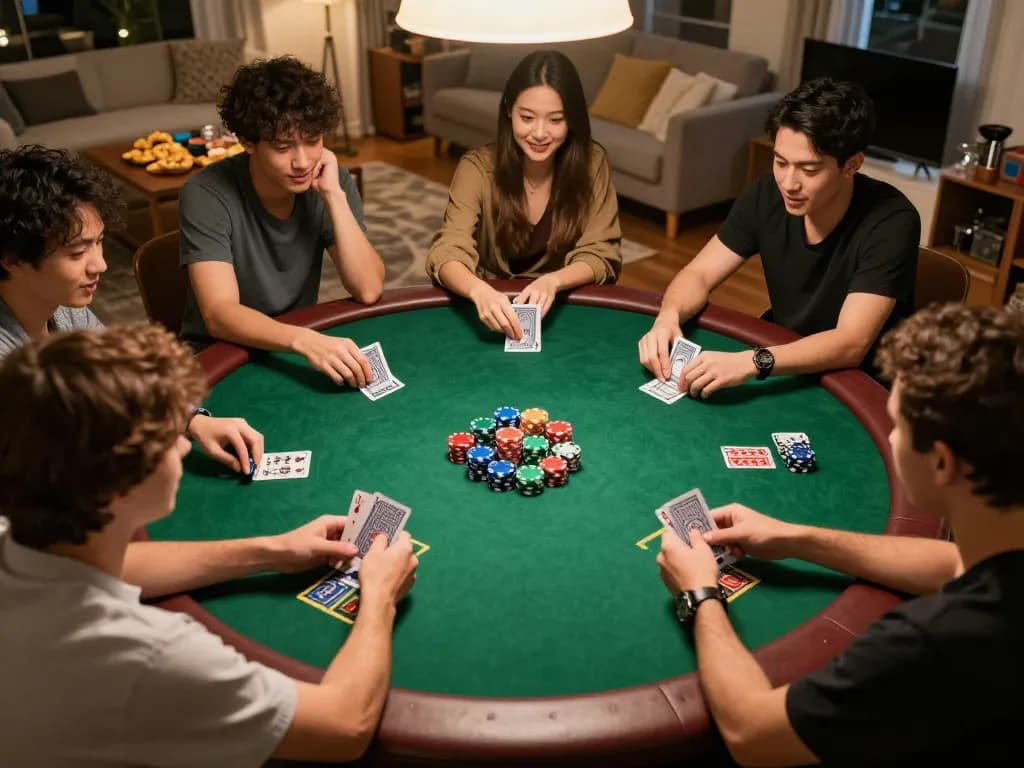 Friends enjoying a poker game at home, showcasing F168's engaging gambling atmosphere