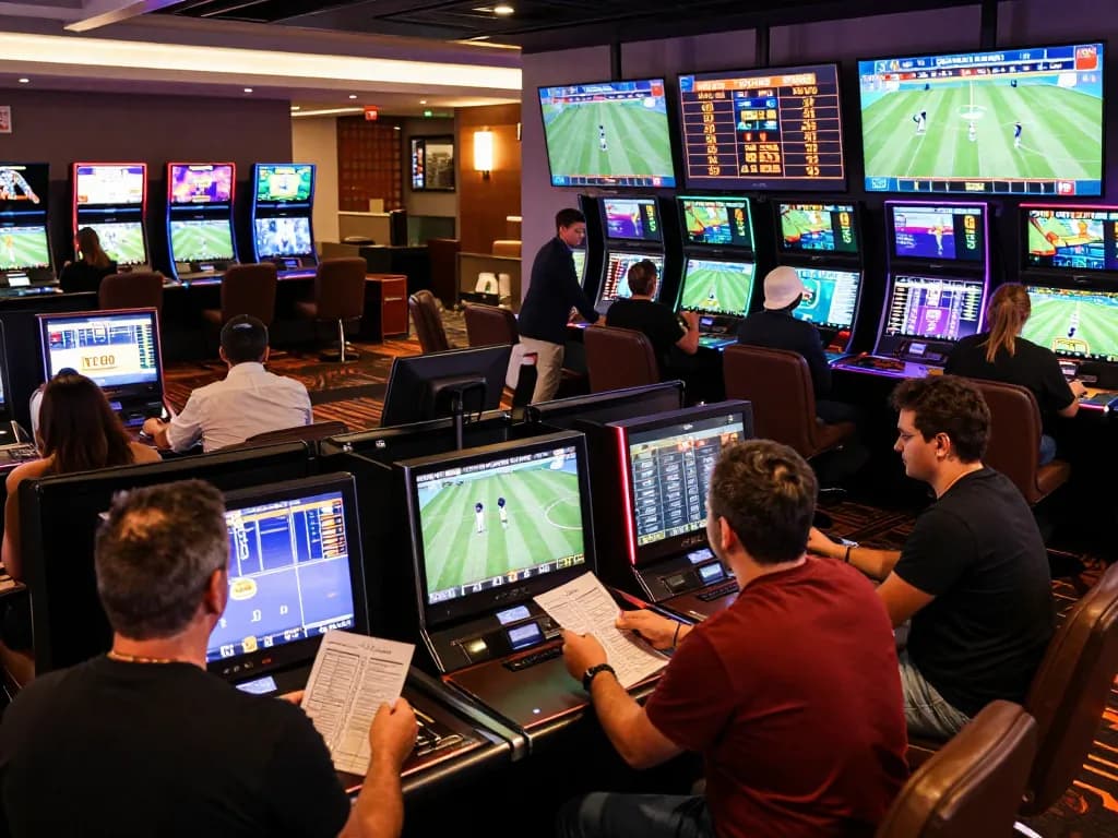 FC88 sports bettors engaging in live event analysis at a casino, showcasing a vibrant betting atmosphere.