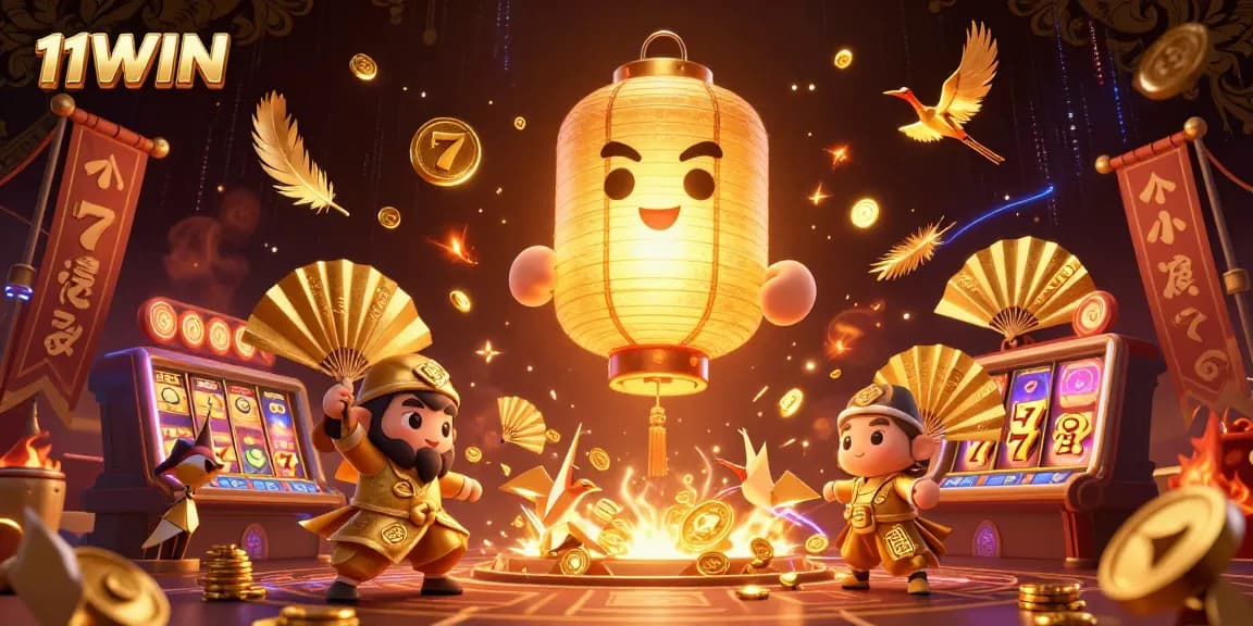 11WIN casino spirit illustration showcasing vibrant golden characters and rich gaming symbols.