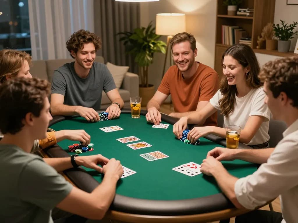 Friends enjoying a poker night at home with TOP88 poker chips and cards