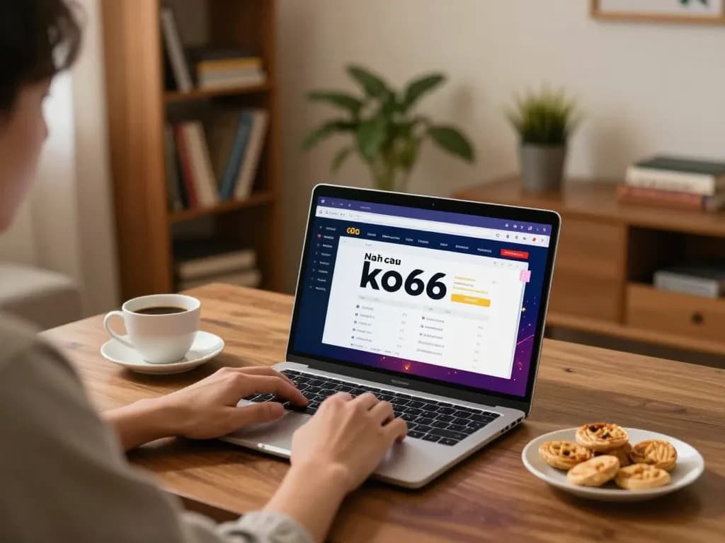 Person enjoying online gaming at Nhà cái ko66 on a laptop with a cozy atmosphere.
