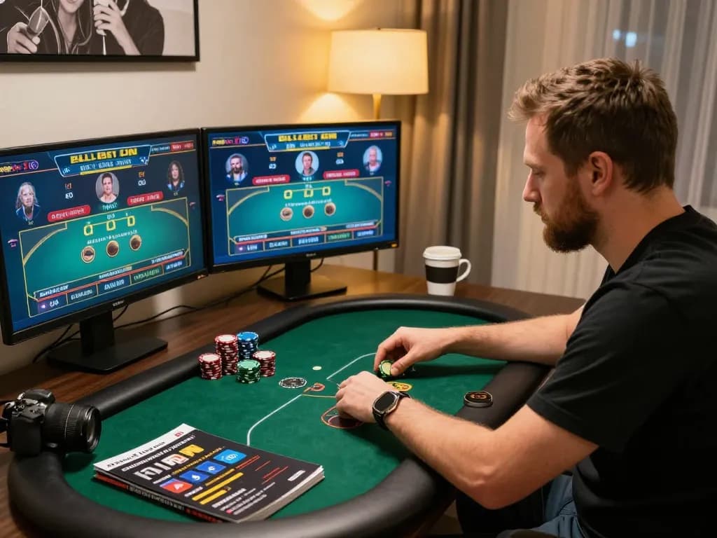 SSBET77 player analyzing poker strategies on multiple screens, showcasing strategic online gaming.