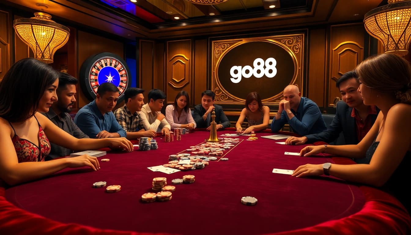 Engaging casino experience with players at a poker table and the tải go88 logo visible.