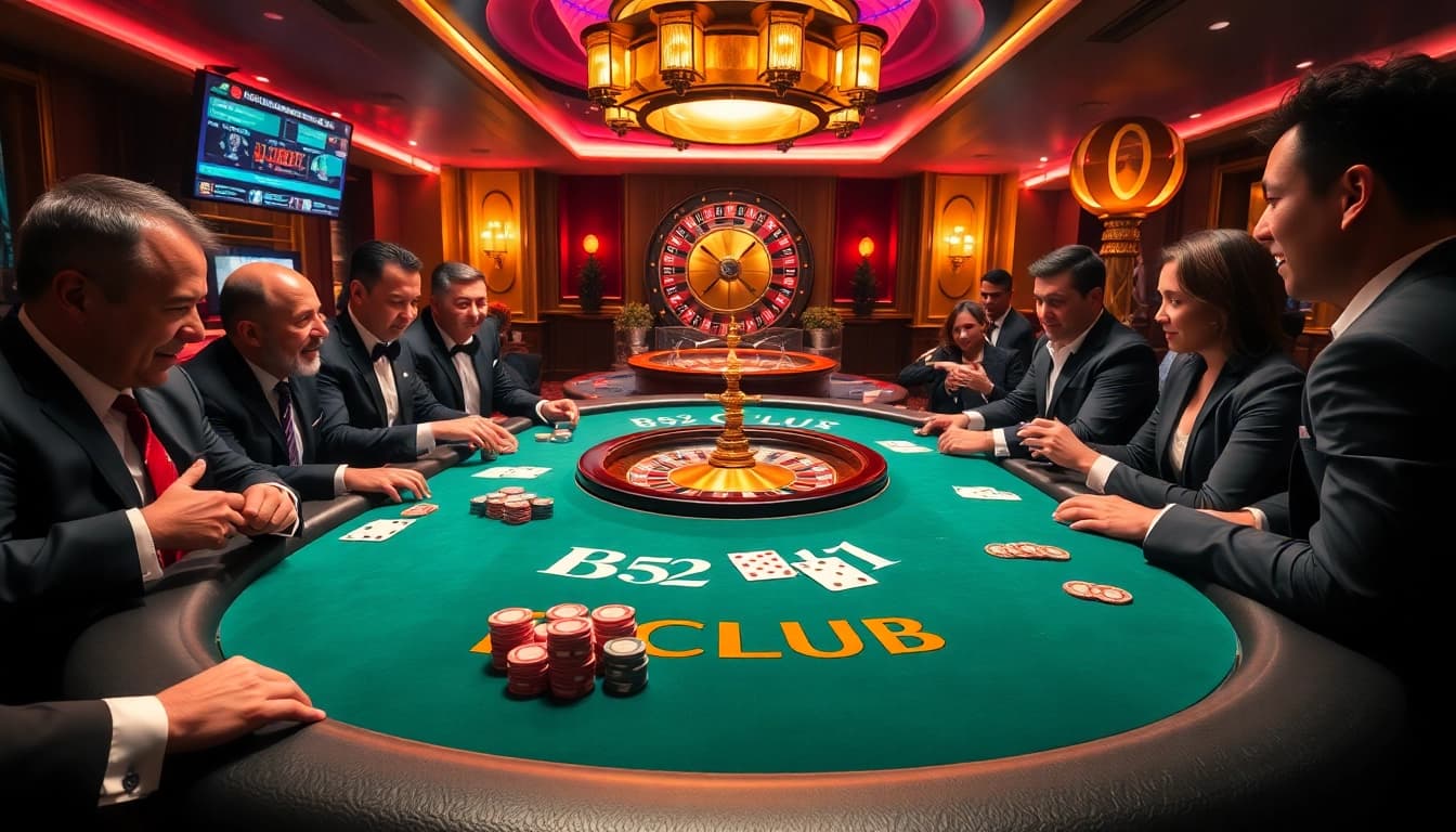 B52 CLUB gamblers enjoying an elegant poker game at a luxury casino table, showcasing excitement and strategy.