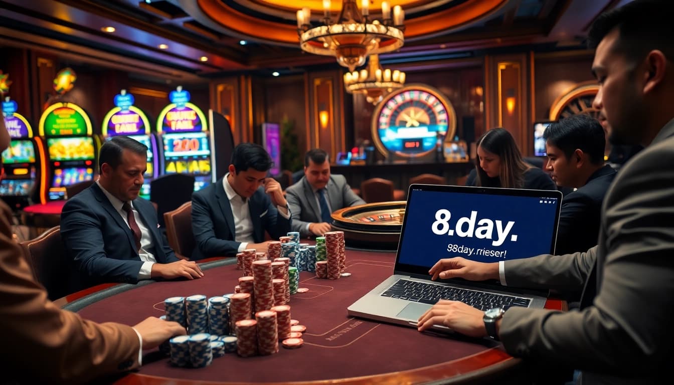 Engage in thrilling gameplay at https://8day.reisen/ with vibrant poker chips and shining slot machines.