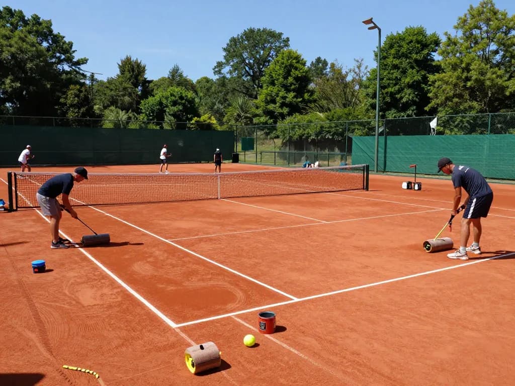 HybridClay tennis court installation showcasing professional quality and advanced drainage system.