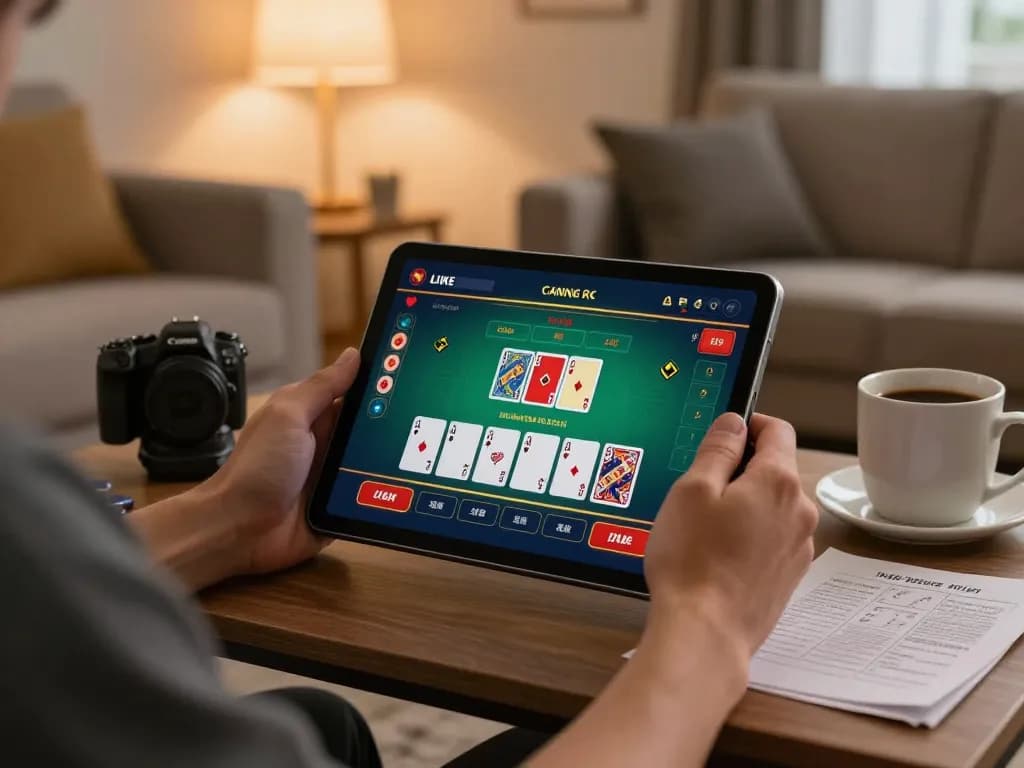 Player enjoying JUN88 live casino blackjack on a tablet in a cozy living room.