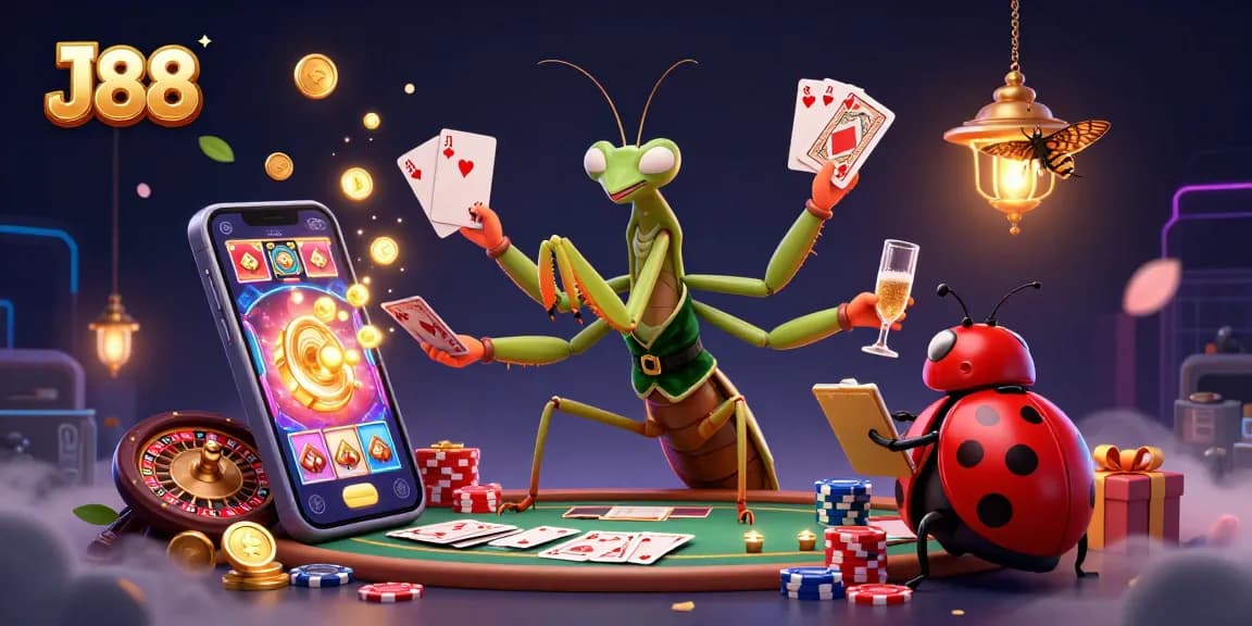 Experience the thrill of J88's dynamic casino scene with a 3D praying mantis card sharp, ladybug pit boss, and vibrant gambling elements.