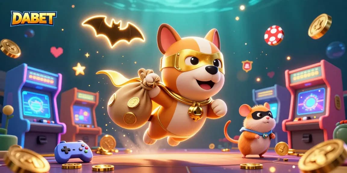 DABET superhero dog and hamster fly while collecting coins in a vibrant casino scene